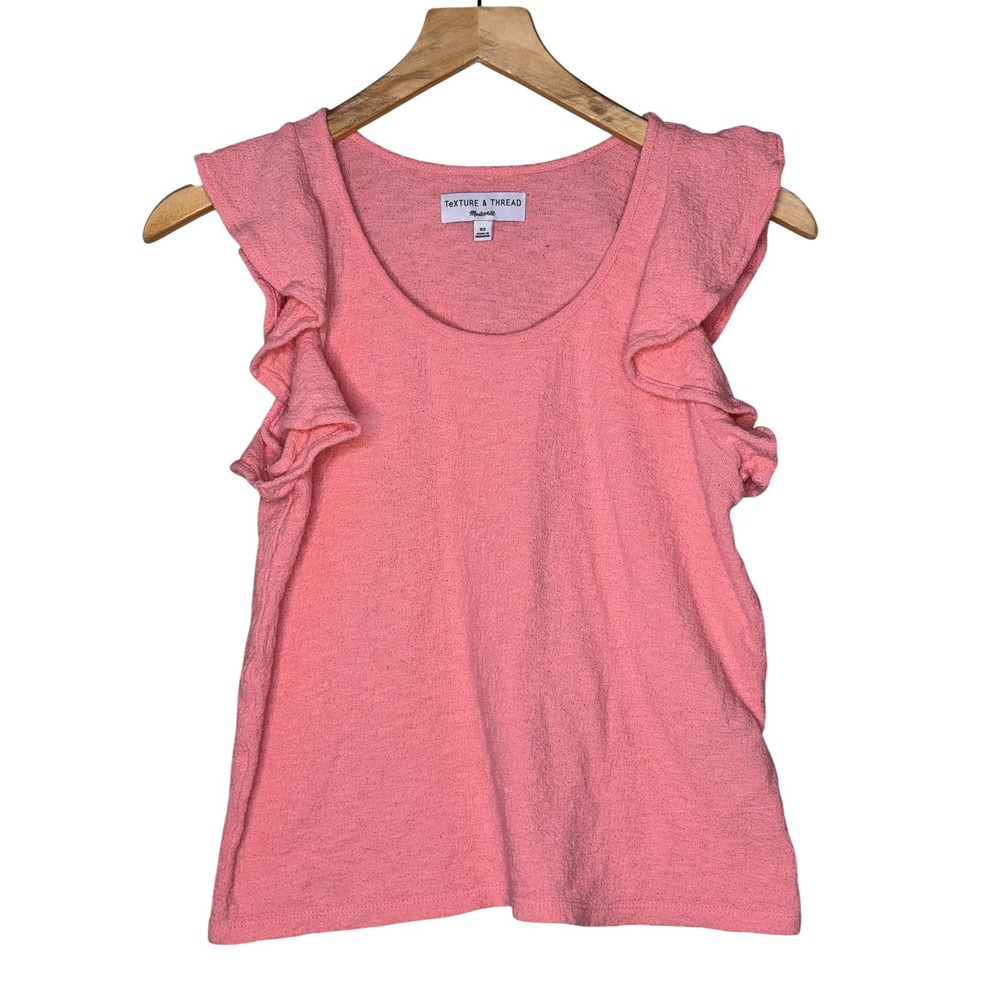 Madewell Texture & Thread Coral Pink Ruffle Sleeve Cotton Knit Top XS Scoop Neck